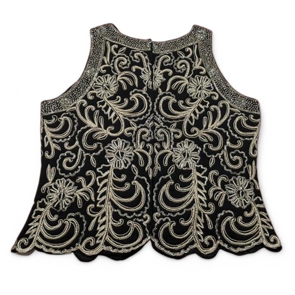 JKARA Black Gold Beaded Tank Top L Scallop Hem Cocktail Party Art Deco Glam - Picture 2 of 8